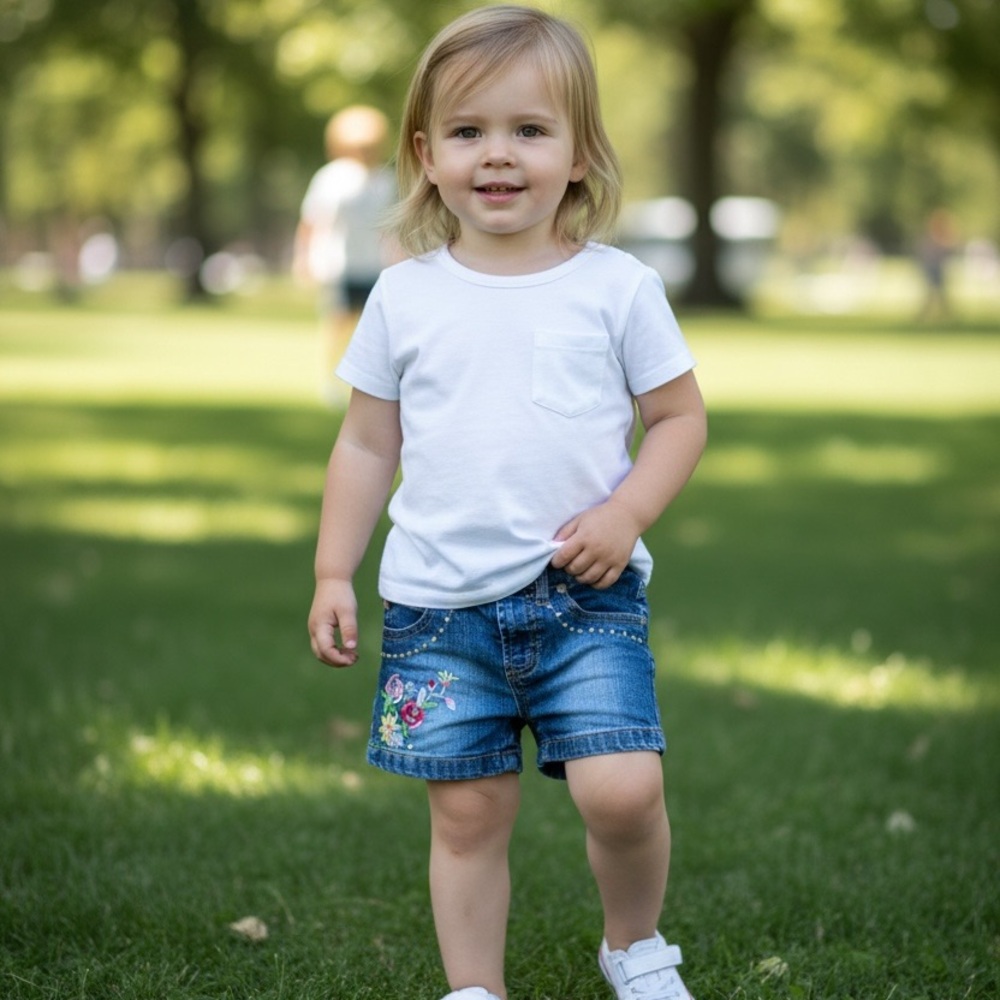 Paris Blues Denim Toddler Jean Shorts with Embroidered Flowers